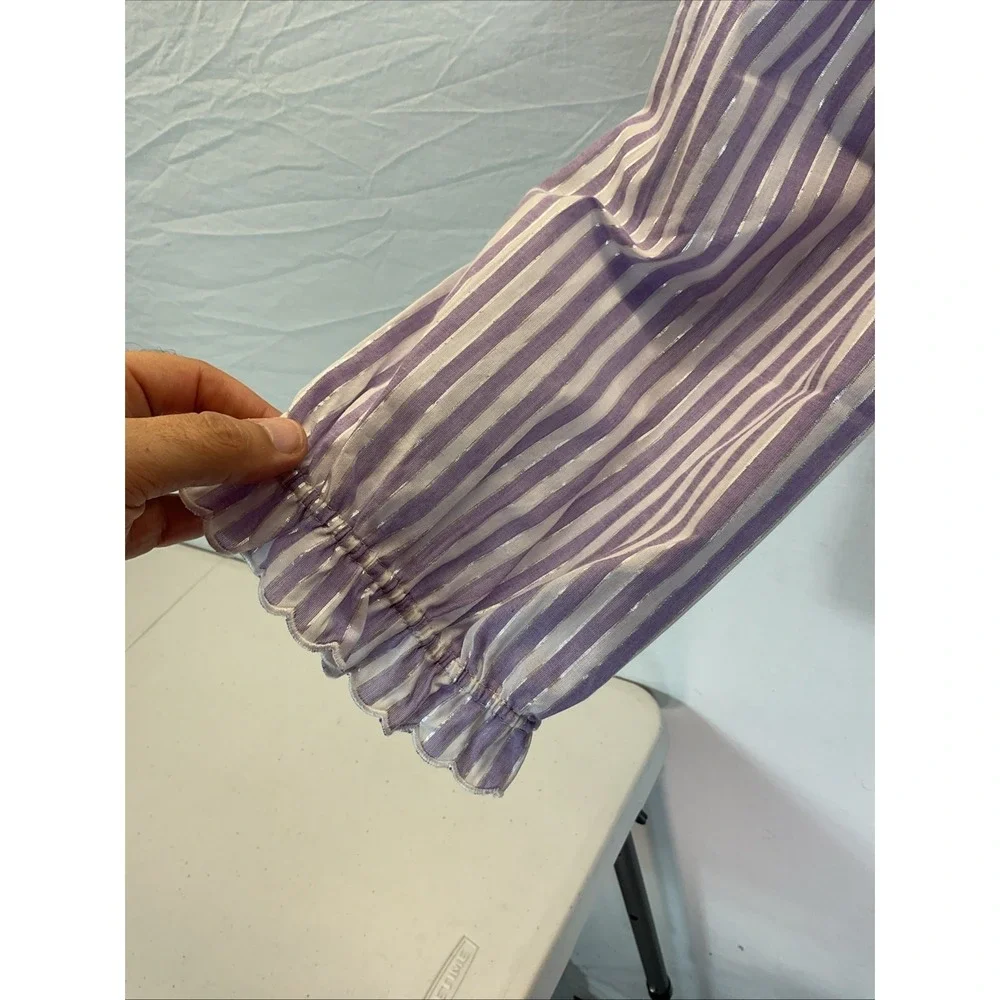 Talbots Lavender-White Striped Ruffle Neck Button-Front Blouse - Picture 3 of 7